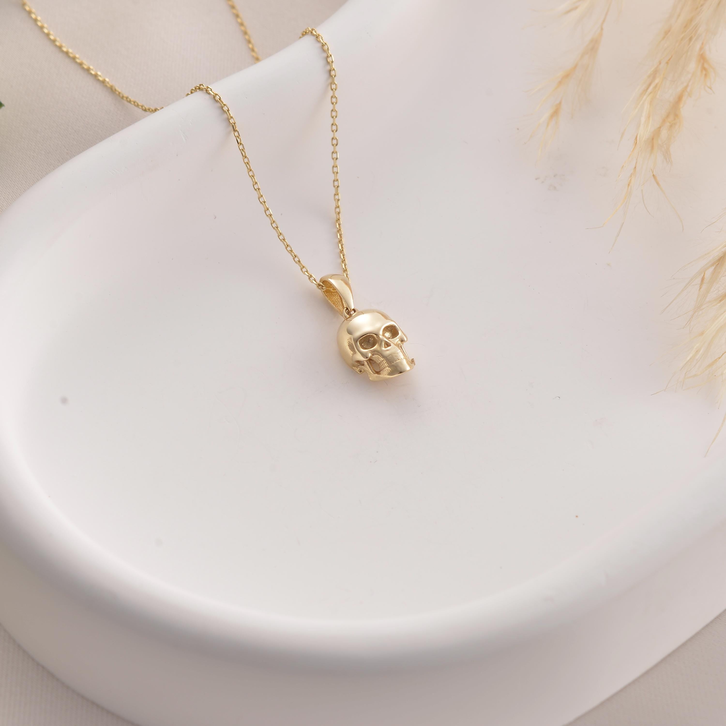 10K 14K Real Gold Skull Necklace, Dainty initial Skeleton Charm Jewelry, Handmade Sparkly Gothic Pendant