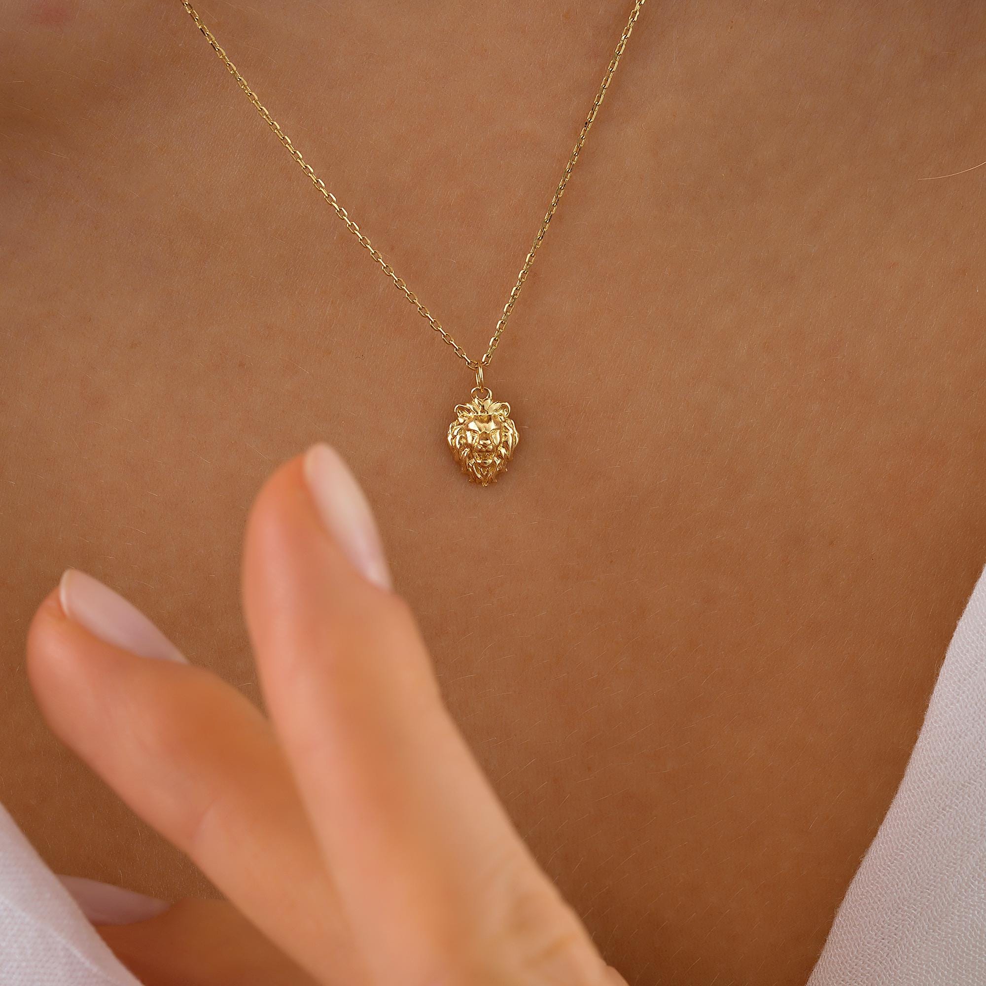 Tiny Lion Head Necklace, Dainty initial Animal Pendant, 14K Solid Gold Lion Necklace, Yellow 14K Gold Lion Head Pendant, Birthday Gift