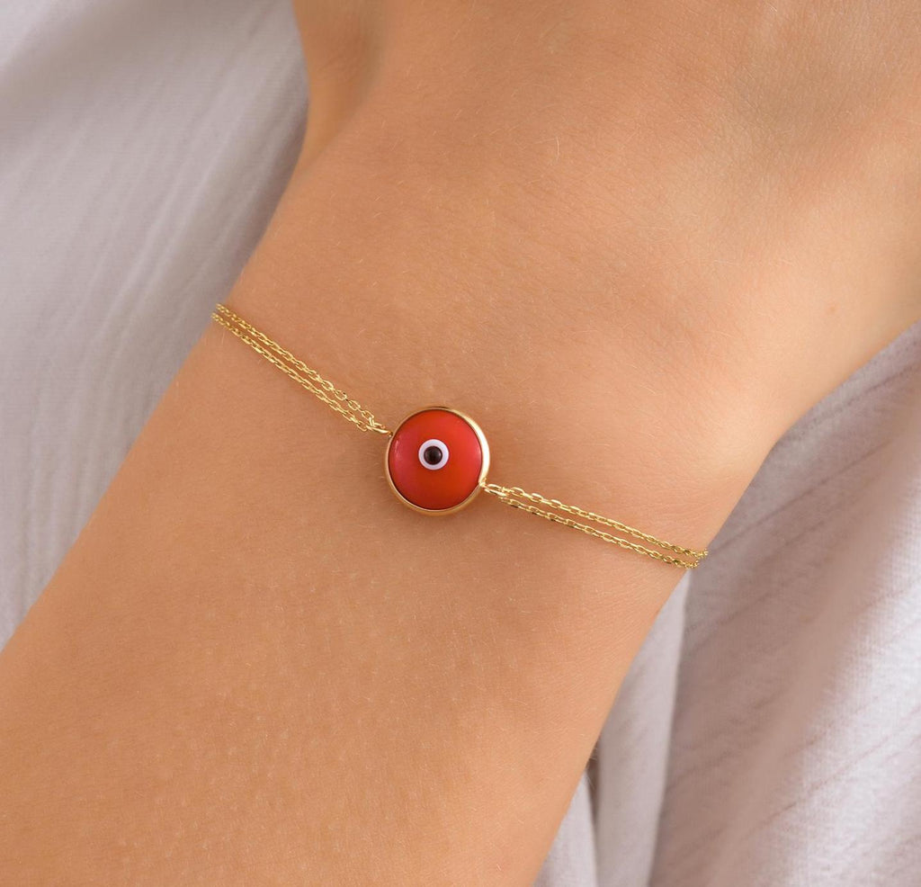 Evil Eye Bracelet, Minimalist Eye Bracelet, 14K Real Gold Round Eye Bracelet, Dainty initial Evil Eye Bracelet, Red Bracelet, Summer Jewelry