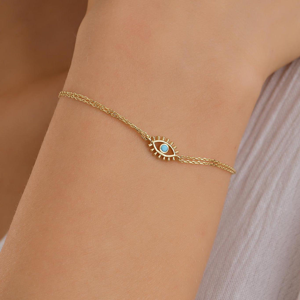14K Real Gold Turquoise Evil Eye Bracelet, 10K Gold Minimalist Charm