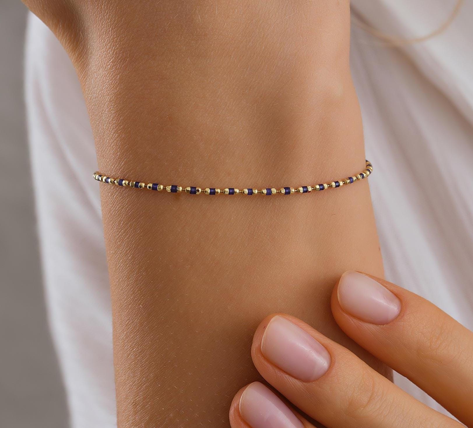 14K Solid Gold Sapphire Beaded Bracelet, Minimalist Emaye Chain, Birthday Gift