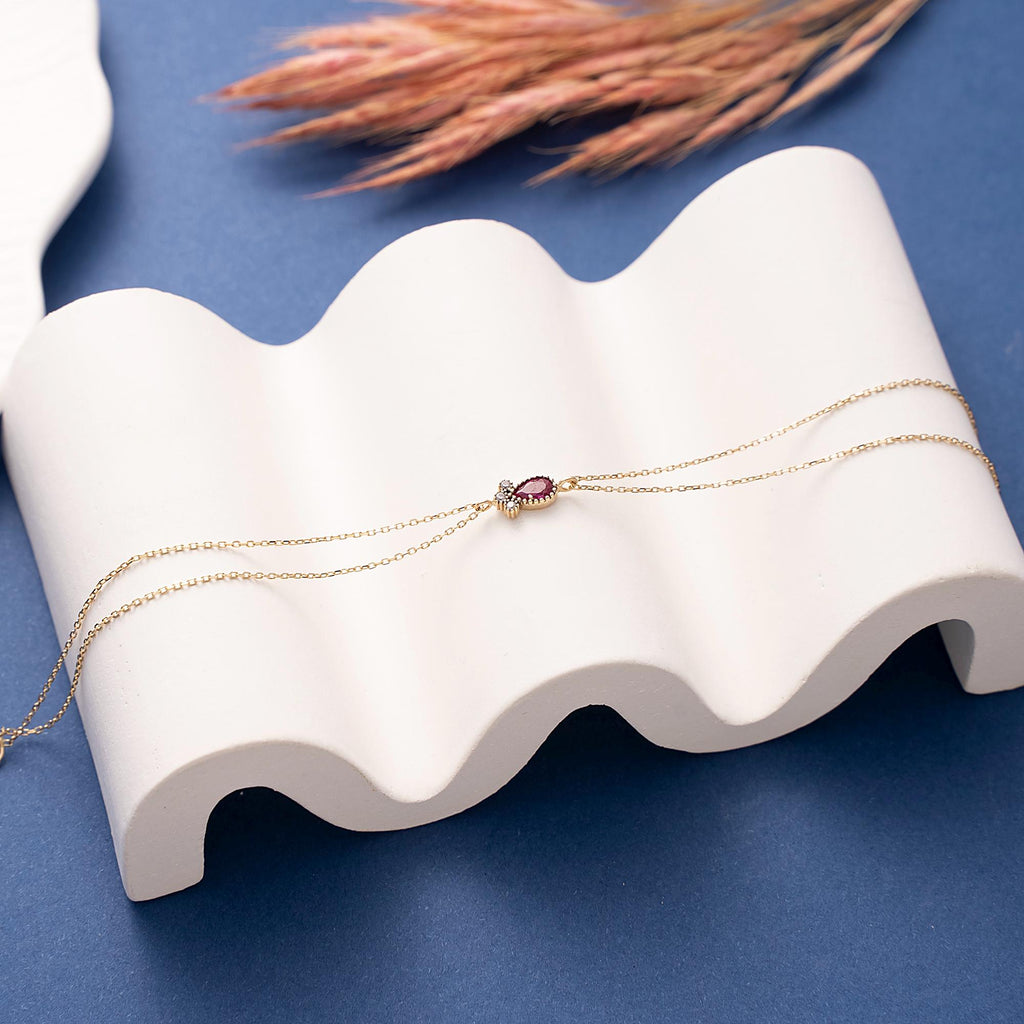 Dainty 14K Solid Gold Ruby Bracelet, 10K Handmade Minimalist Design