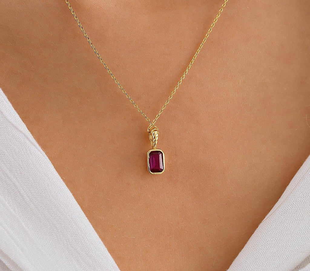 10K Dainty initial Ruby Pendant, 14K Solid Gold Ruby Necklace, Birthday Gift