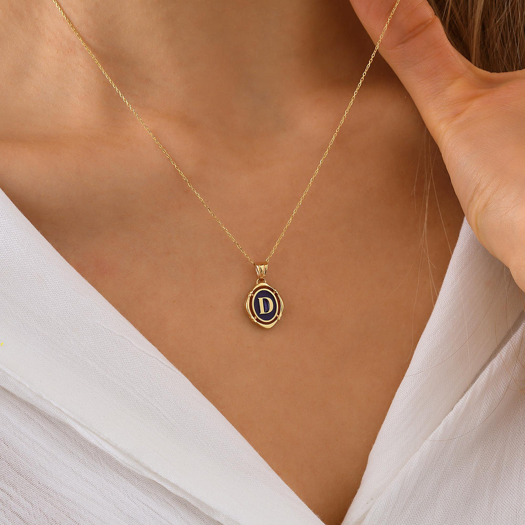 Personalized Pendant, 14K Solid Gold Letter Necklace, Handmade Vintage Pendant, Dainty initial Letter Necklace, White Emaye Pendant