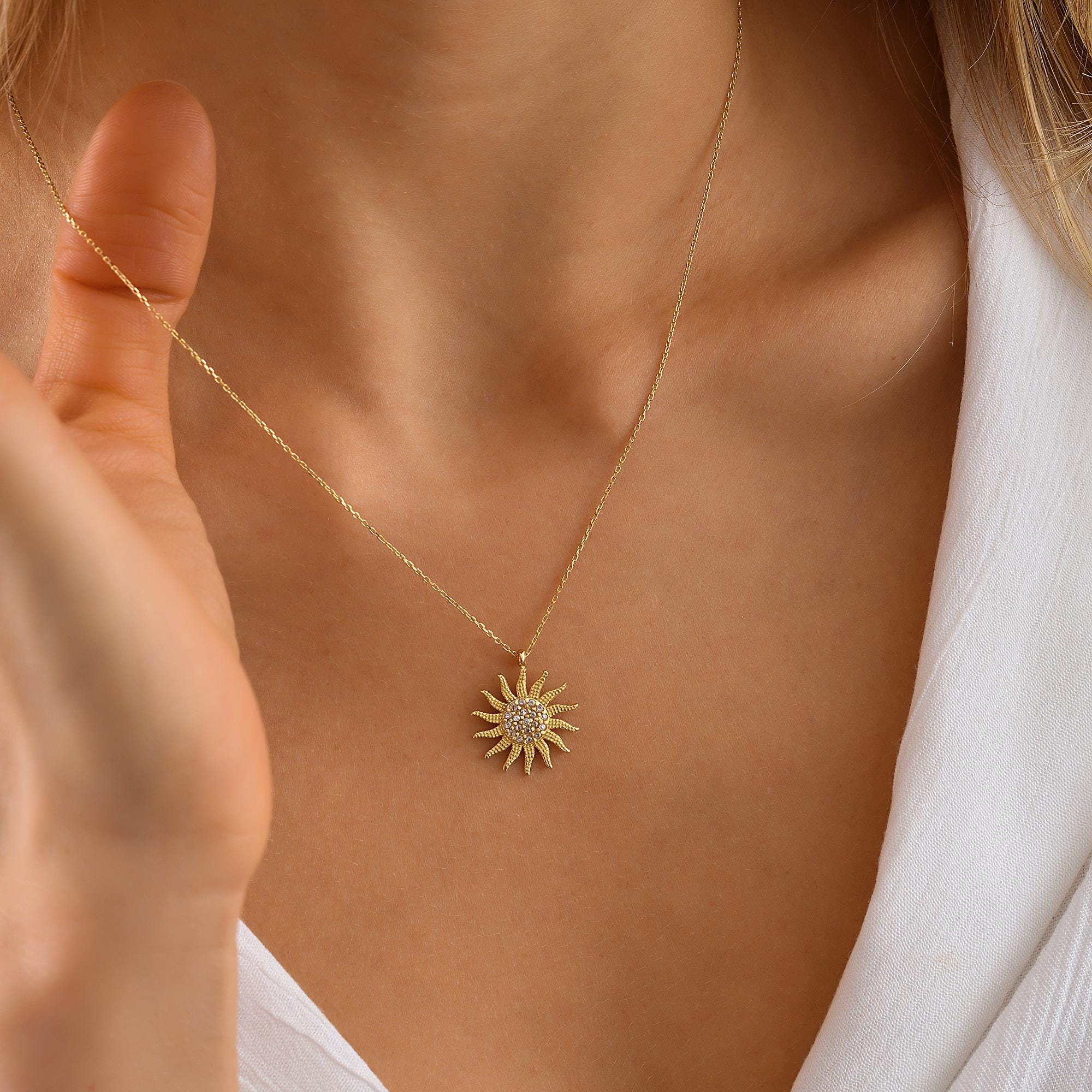14K Solid Gold Sun Necklace, Dainty Celestial Pendant