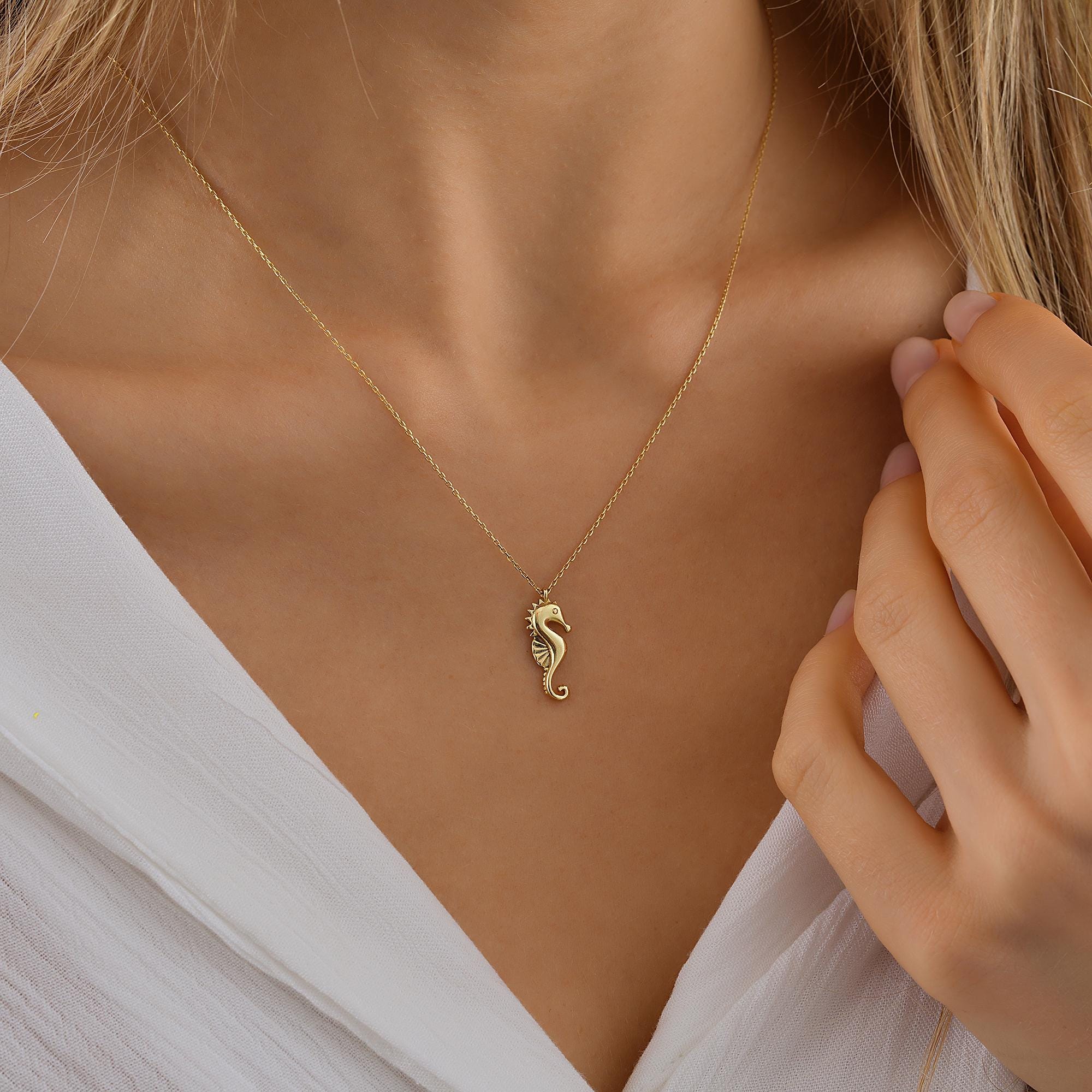 Seahorse Necklace, Dainty initial Sea Animal Pendant, 14K Solid Gold Seahorse Necklace, Yellow 14K Gold Seahorse Pendant, Ocean Necklace