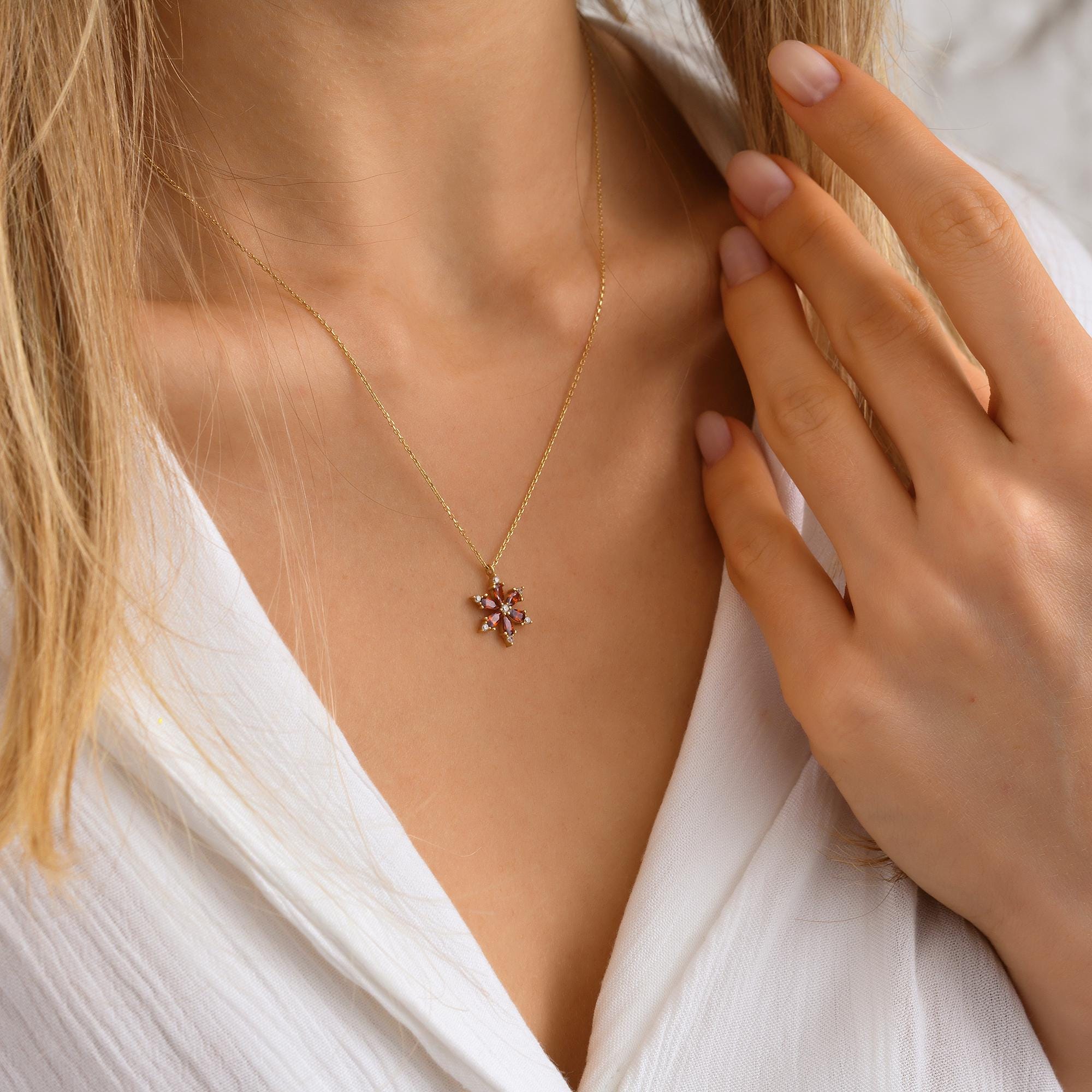 14K Solid Gold Ruby Flower Pendant Necklace, 10K Dainty Initial Jewelry