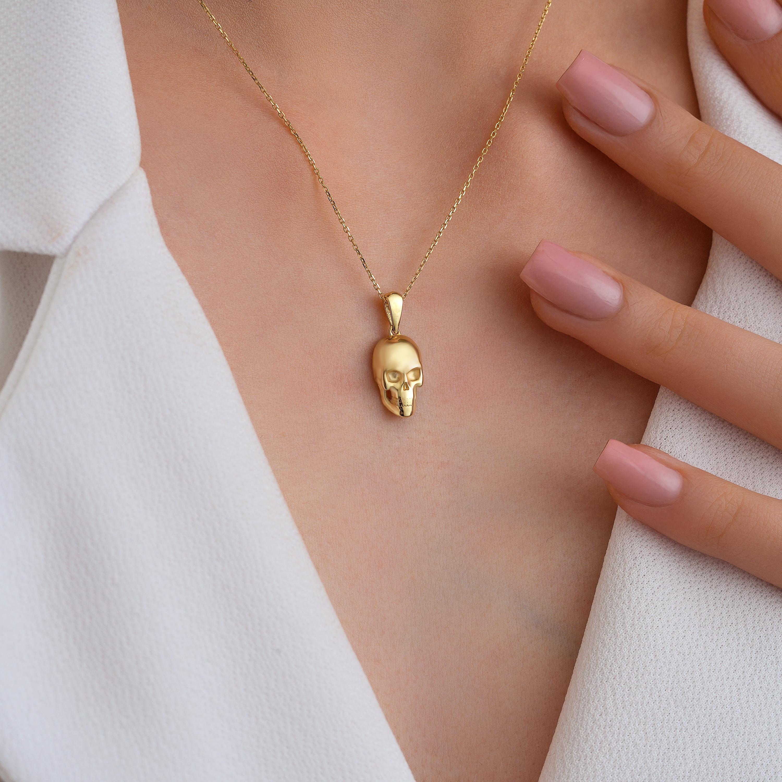 10K 14K Real Gold Skull Necklace, Dainty initial Skeleton Charm Jewelry, Handmade Sparkly Gothic Pendant