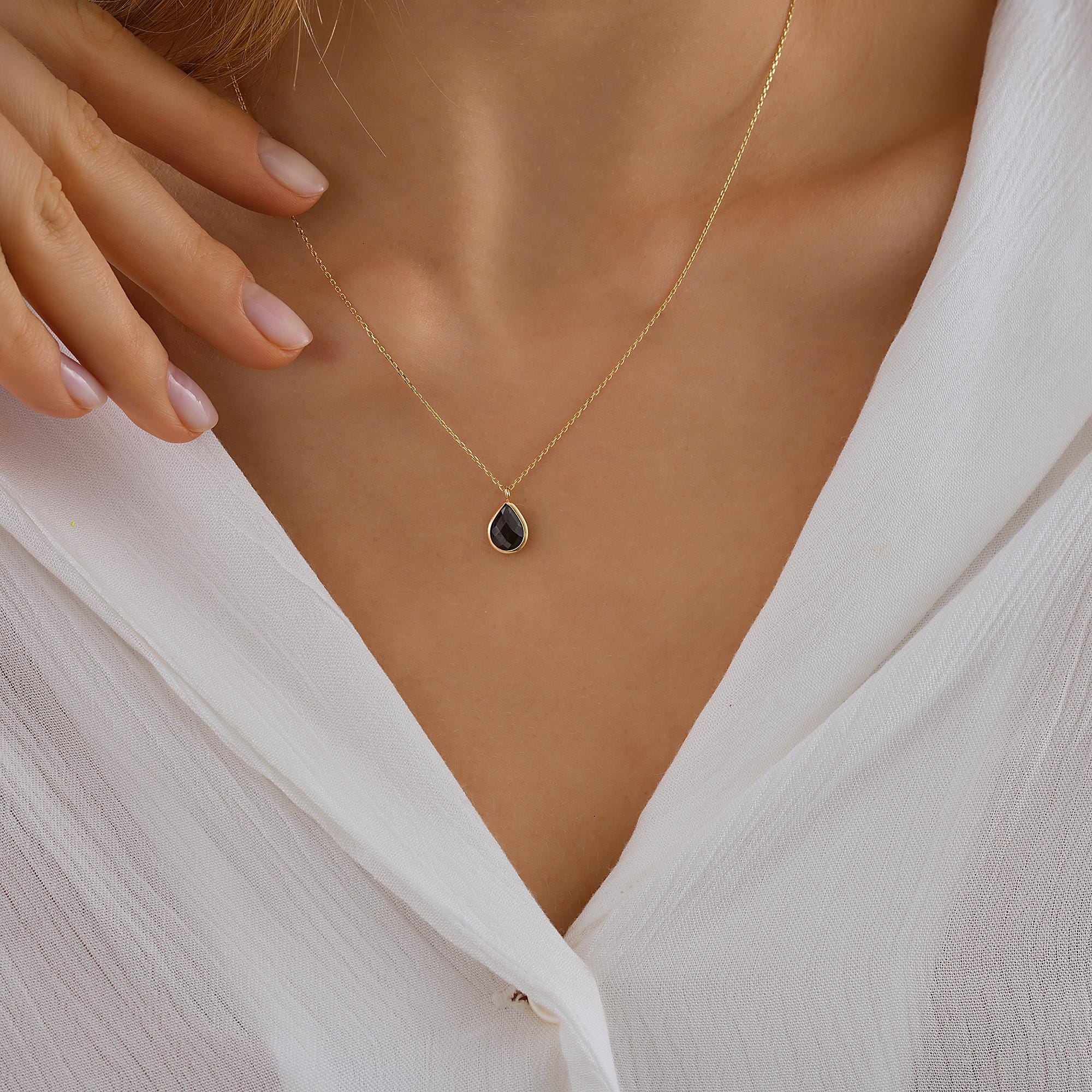 14K Gold Onyx Necklace, Dainty Oval Pendant, Minimalist Jewelry
