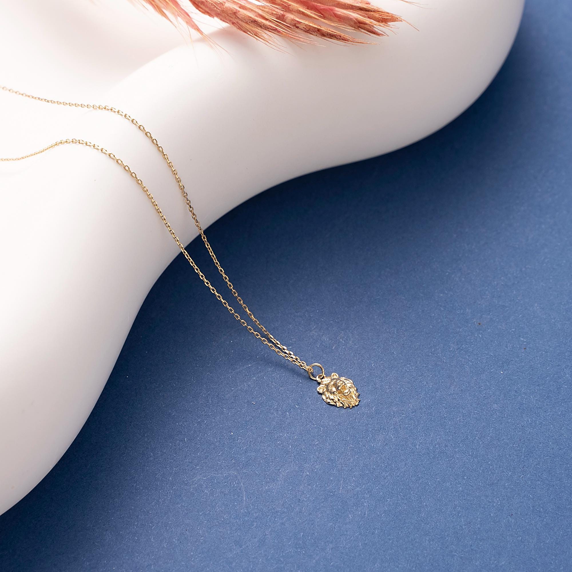 Tiny Lion Head Necklace, Dainty initial Animal Pendant, 14K Solid Gold Lion Necklace, Yellow 14K Gold Lion Head Pendant, Birthday Gift