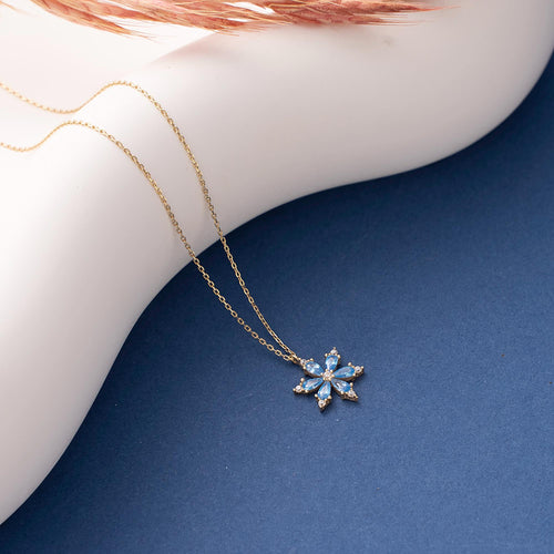 10K 14K Solid Gold Aquamarine Flower Necklace, Dainty initial Floral Pendant