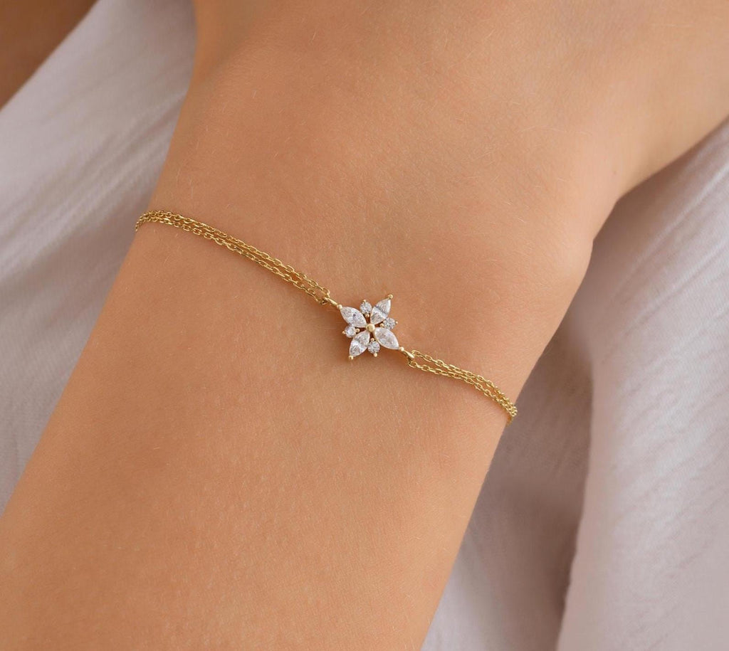 14K Solid Gold Flower Bracelet, Dainty Floral Design, 10K Minimalist Bracelet