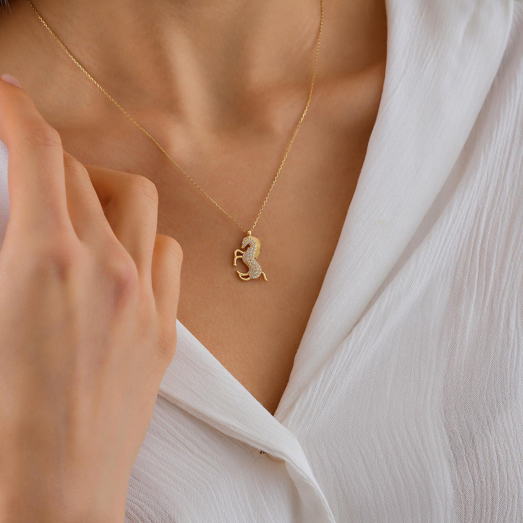 14K Gold Horse Necklace, Dainty initial Animal Pendant, 14K Solid Gold Horse Necklace, 14K Gold Prancing Horse Pendant, Summer Jewelry