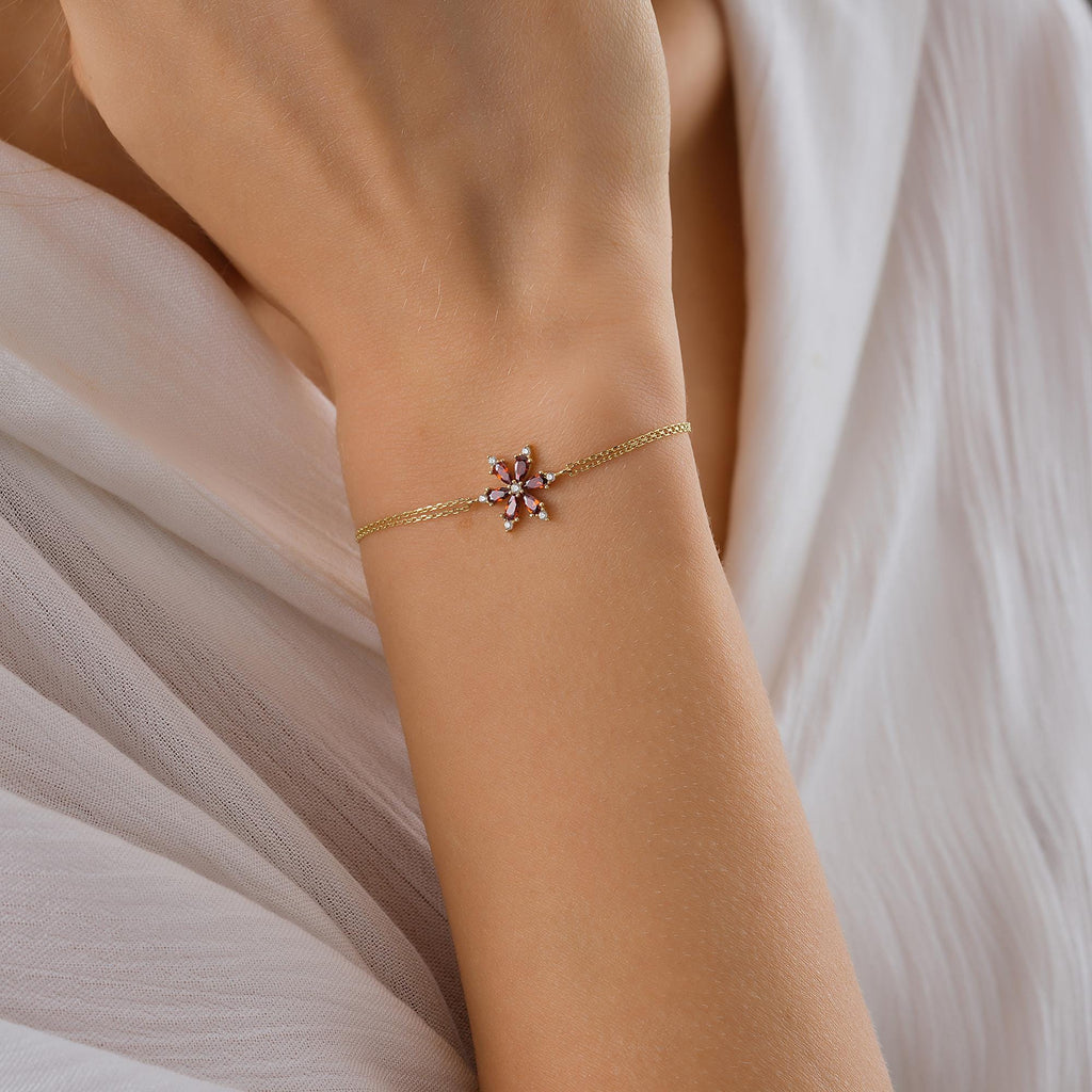 10K 14K Solid Gold Ruby Bracelet, Handmade Minimalist Flower Jewelry, Birthday Gift