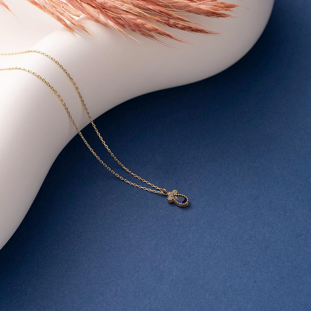 14K Real Gold Sapphire Necklace, Dainty Teardrop Pendant
