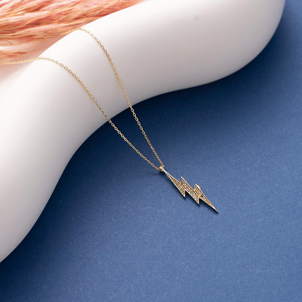 14K Gold Lightning Bolt Pendant, Handmade Celestial Necklace
