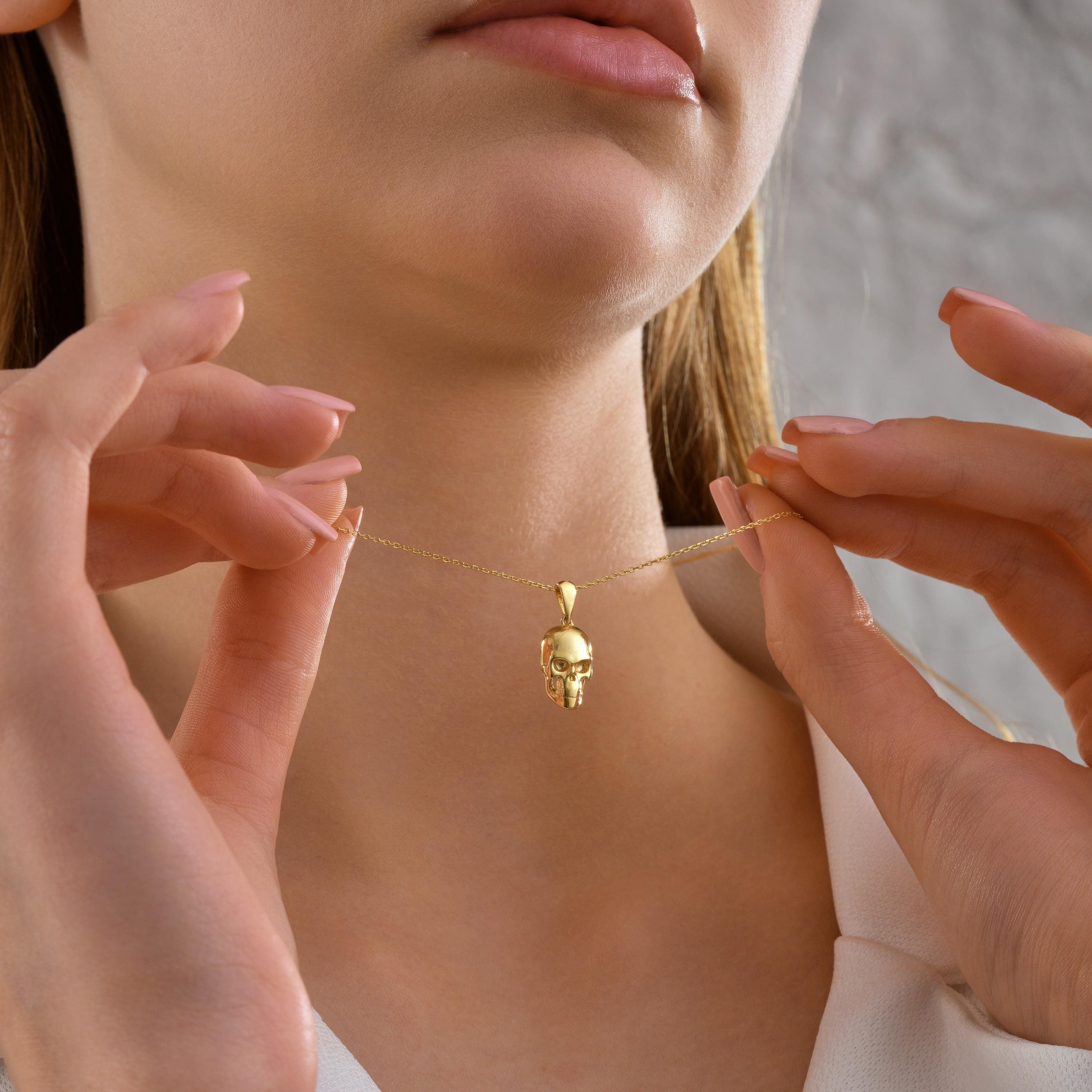 10K 14K Real Gold Skull Necklace, Dainty initial Skeleton Charm Jewelry, Handmade Sparkly Gothic Pendant