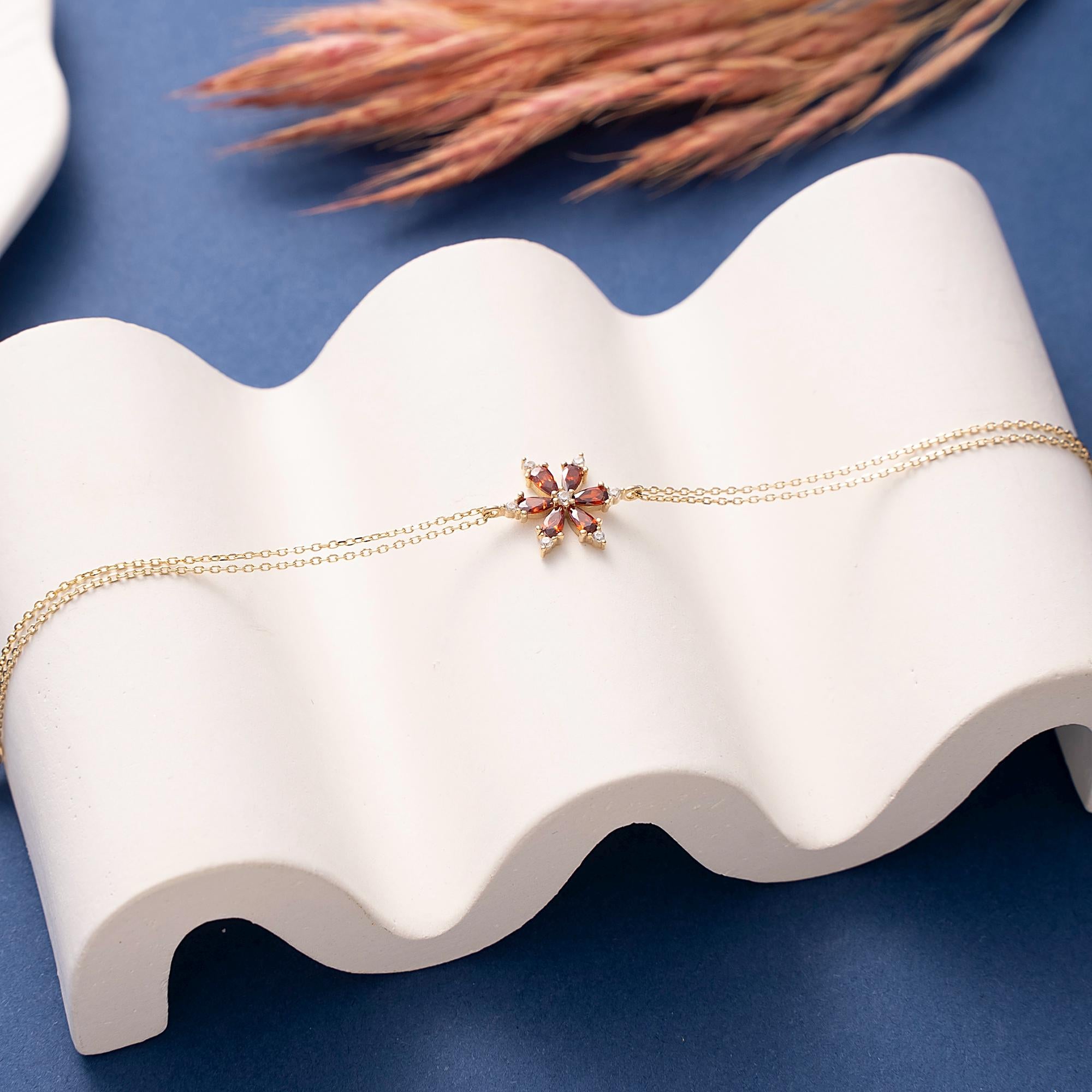 10K 14K Solid Gold Ruby Bracelet, Handmade Minimalist Flower Jewelry, Birthday Gift