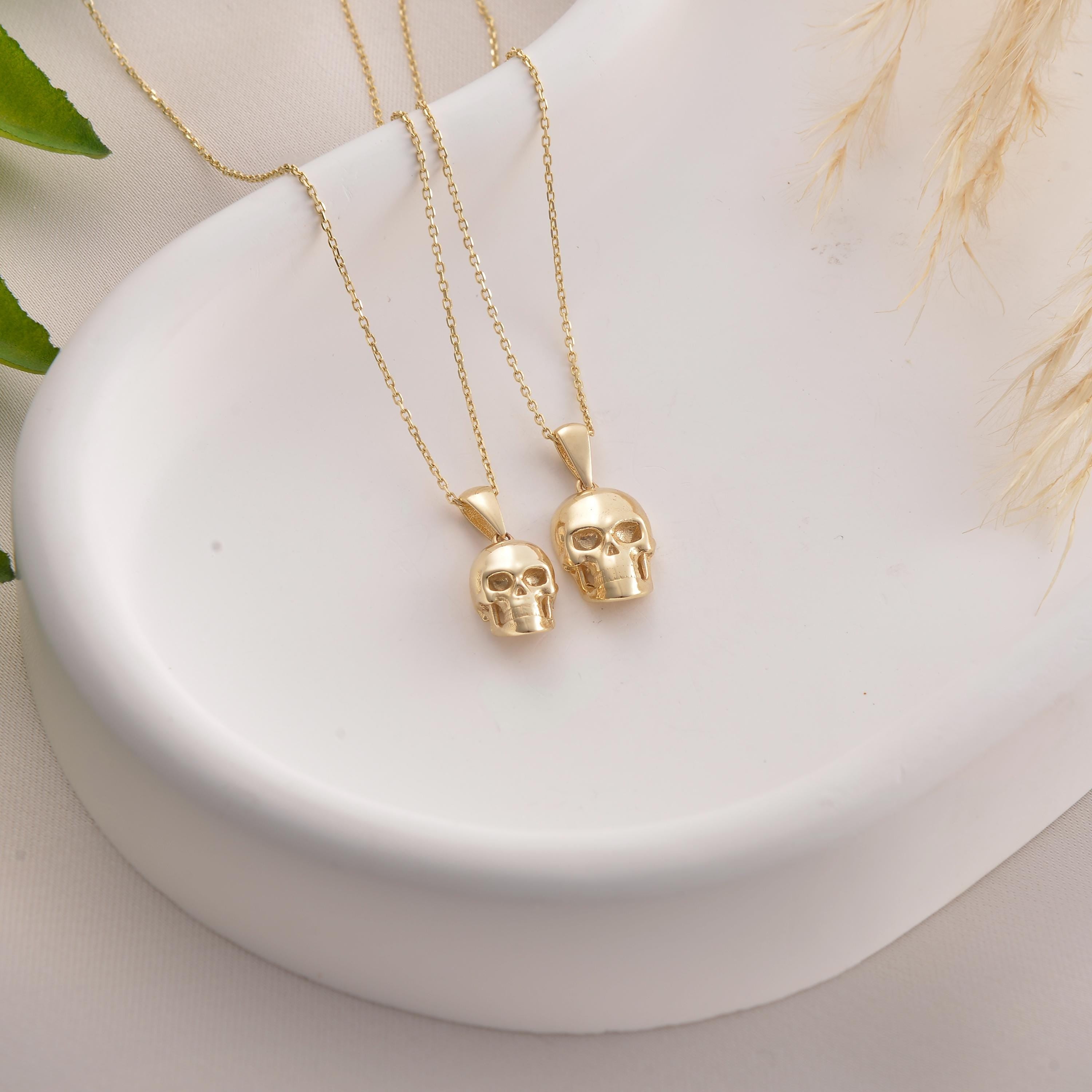 10K 14K Real Gold Skull Necklace, Dainty initial Skeleton Charm Jewelry, Handmade Sparkly Gothic Pendant
