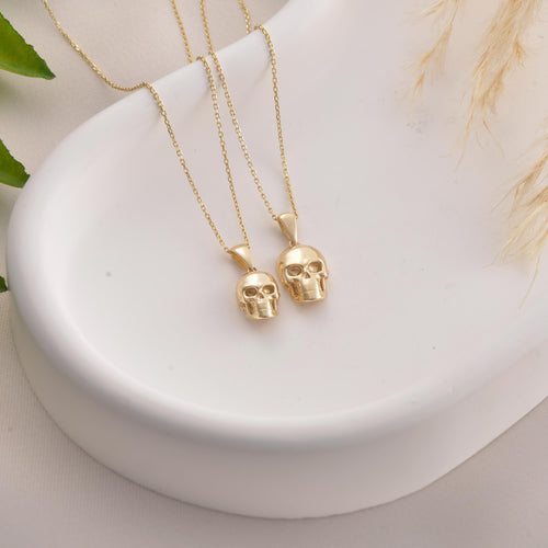 10K 14K Real Gold Skull Necklace, Dainty initial Skeleton Charm Jewelry, Handmade Sparkly Gothic Pendant