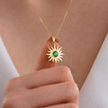14K Solid Gold Sun Necklace, Dainty Custom Celestial Jewelry, Minimalist initial Emerald Sun Pendant