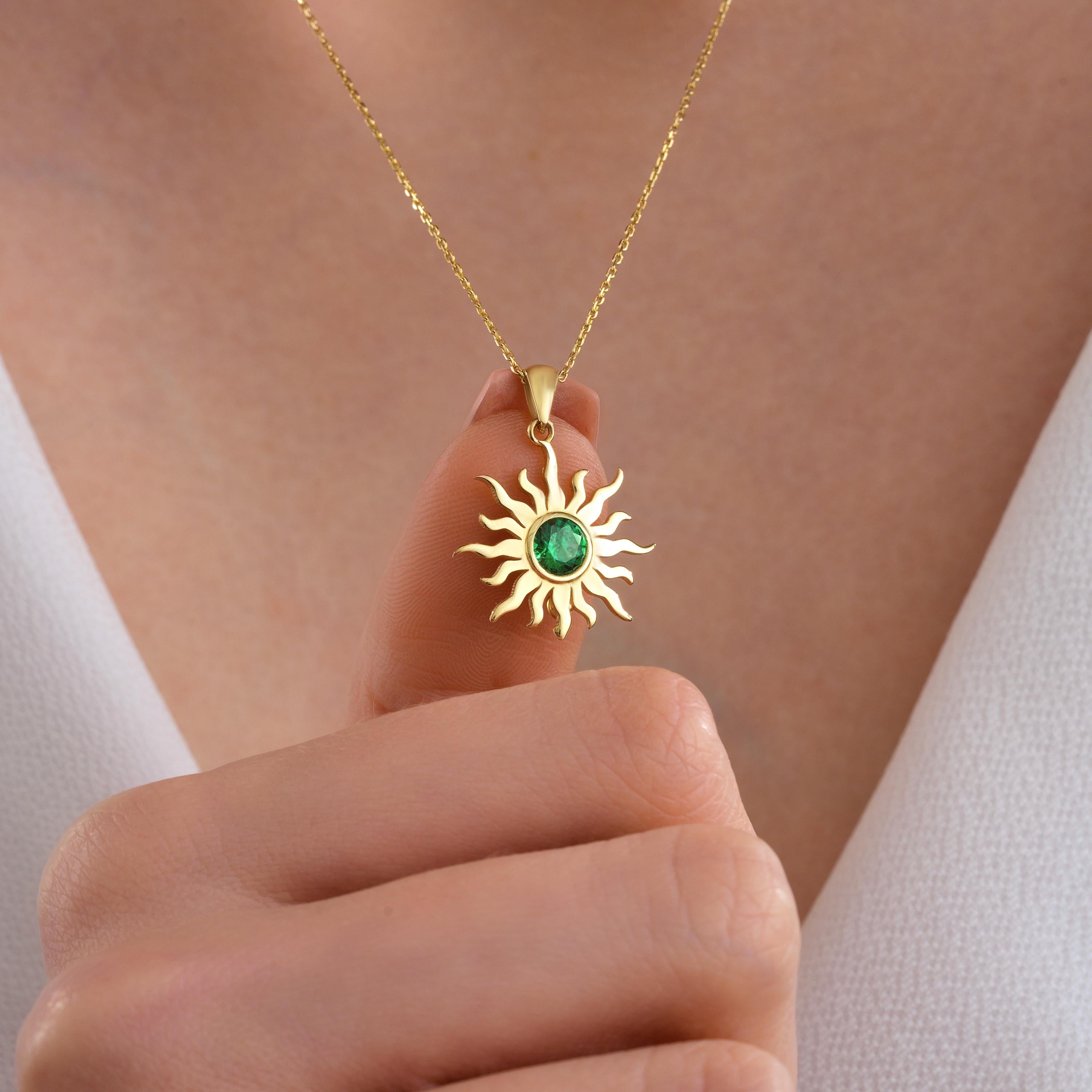 14K Solid Gold Sun Necklace, Dainty Custom Celestial Jewelry, Minimalist initial Emerald Sun Pendant