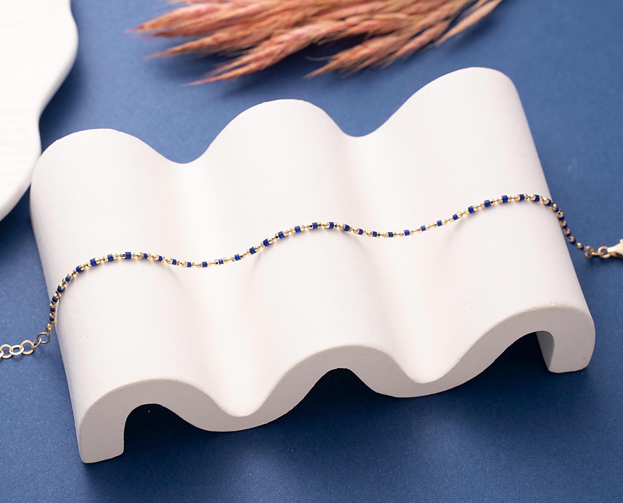 14K Solid Gold Sapphire Beaded Bracelet, Minimalist Emaye Chain, Birthday Gift