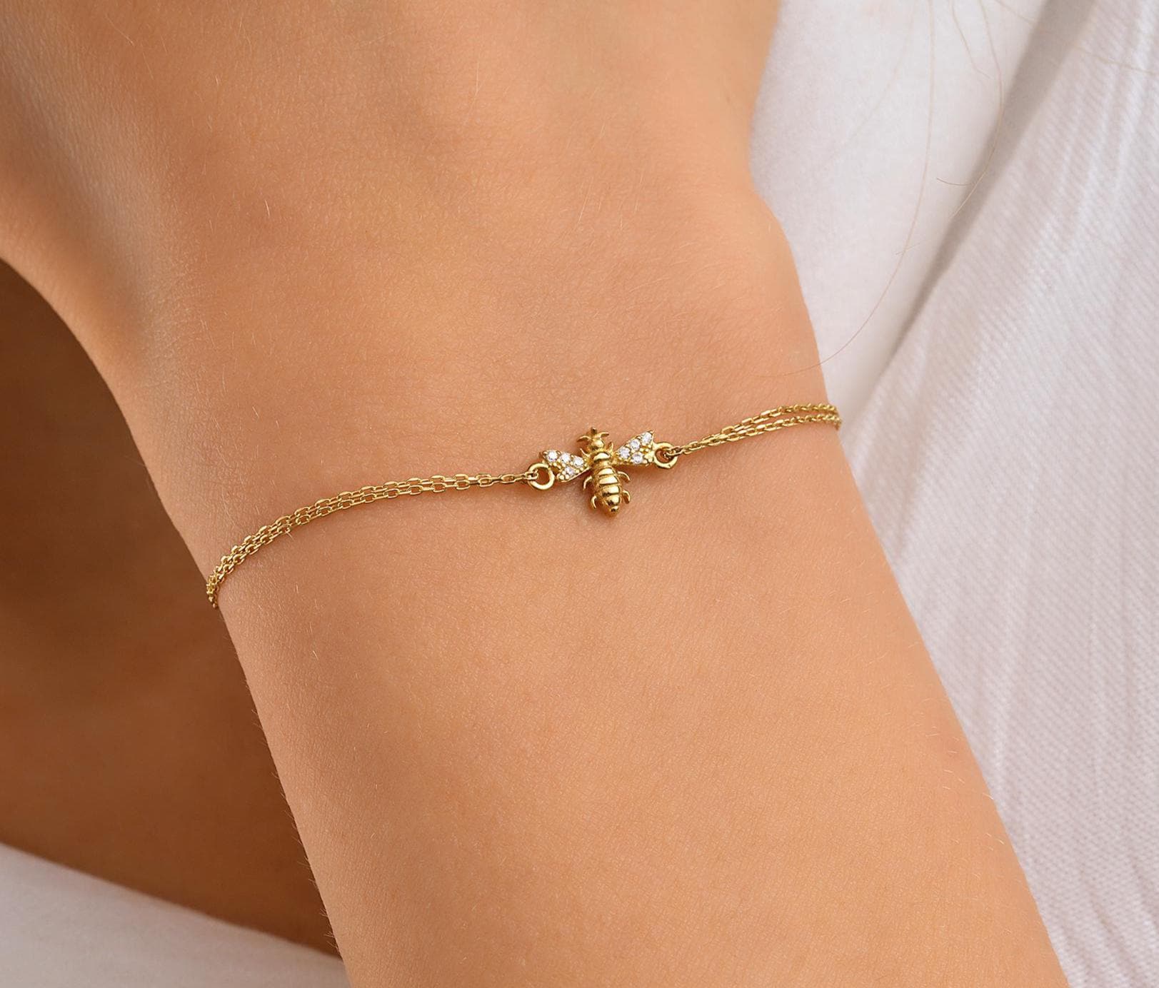 14K Solid Gold Bee Bracelet, Handmade Dainty 10K Jewelry