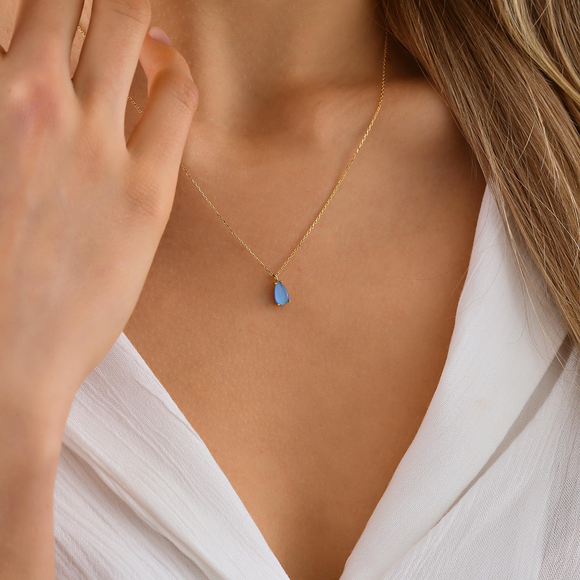 10K 14K Solid Gold Aquamarine Pendant Necklace, Dainty Triangle Charm Jewelry