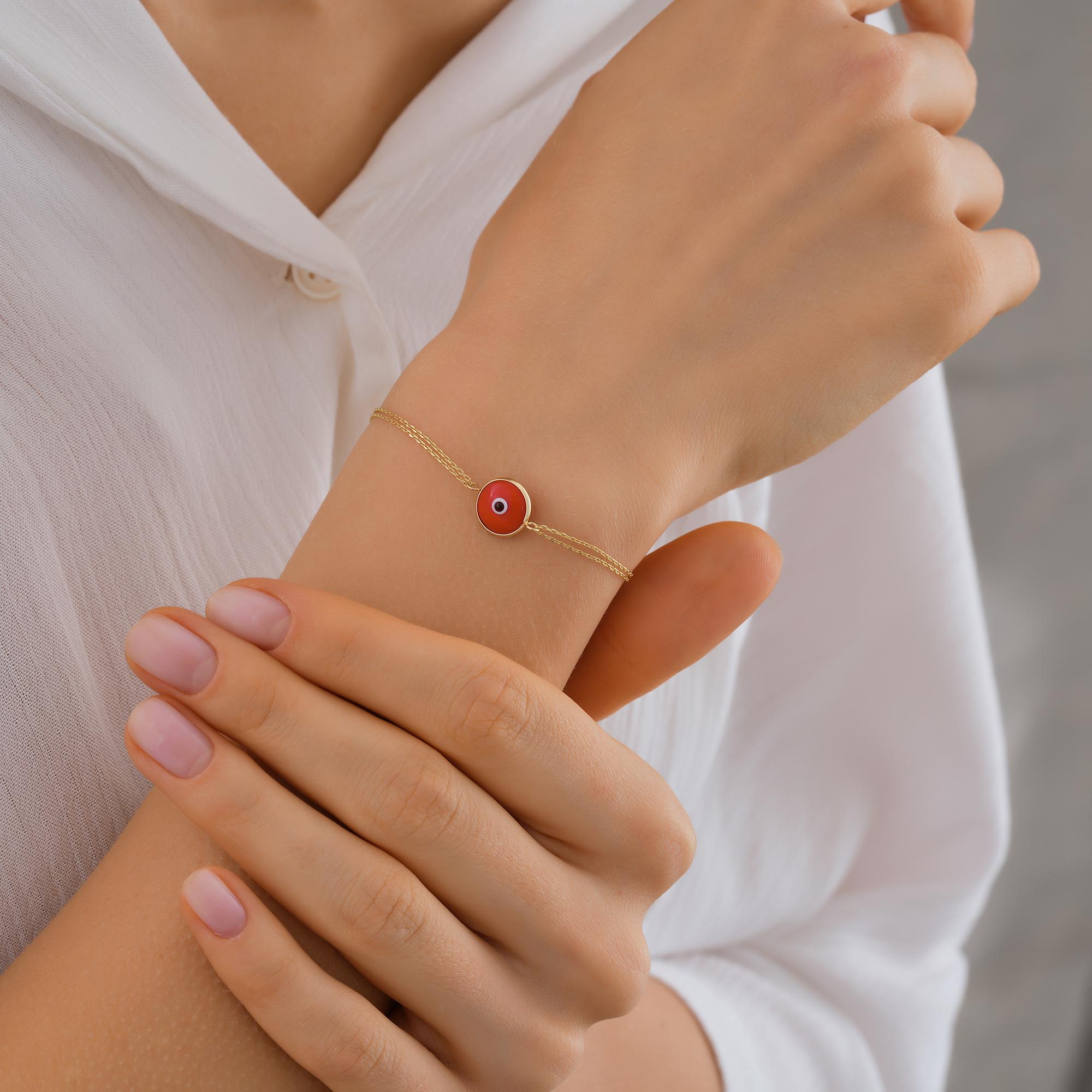 Evil Eye Bracelet, Minimalist Eye Bracelet, 14K Real Gold Round Eye Bracelet, Dainty initial Evil Eye Bracelet, Red Bracelet, Summer Jewelry