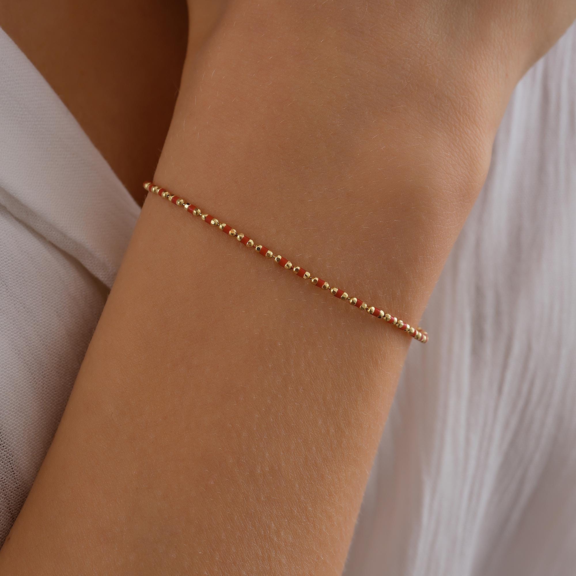 14K Solid Gold Beaded Bracelet, Handmade Red Emaye Chain Jewelry, Colored Beaded Chain