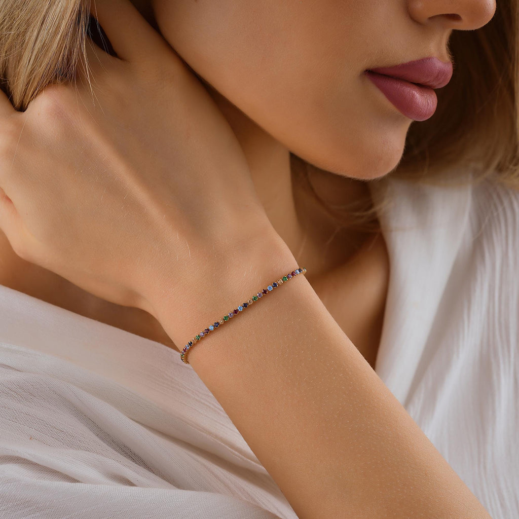 14K Solid Gold Rainbow Tennis Bracelet, Dainty Colored Stone Bracelet, Birthday Gift