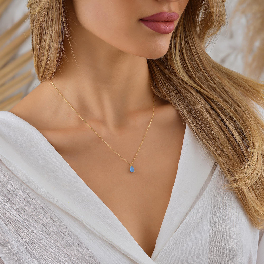 10K 14K Solid Gold Aquamarine Pendant Necklace, Dainty Triangle Charm Jewelry