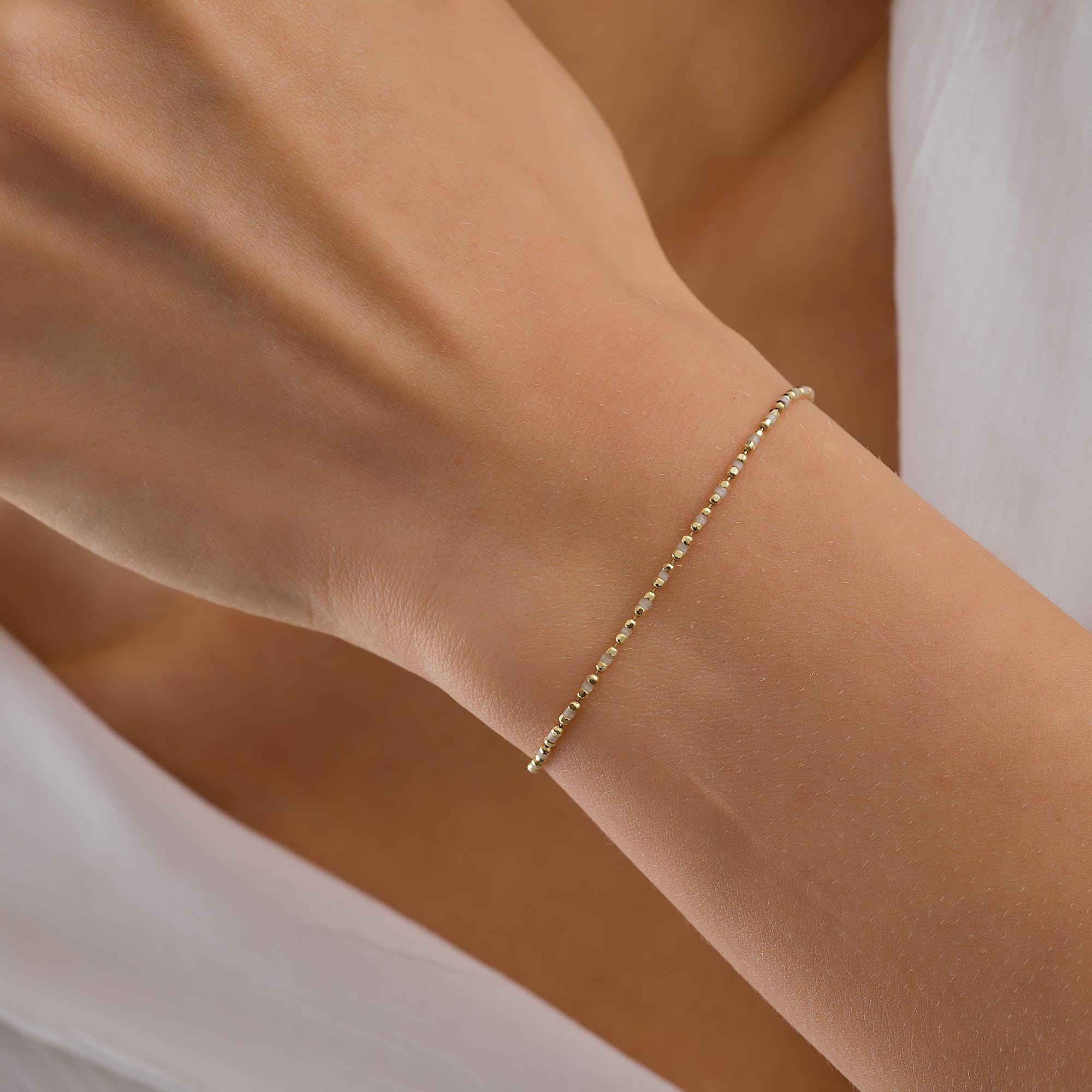 14K Solid Gold Beaded Bracelet, Handmade Red Emaye Chain Jewelry, Colored Beaded Chain