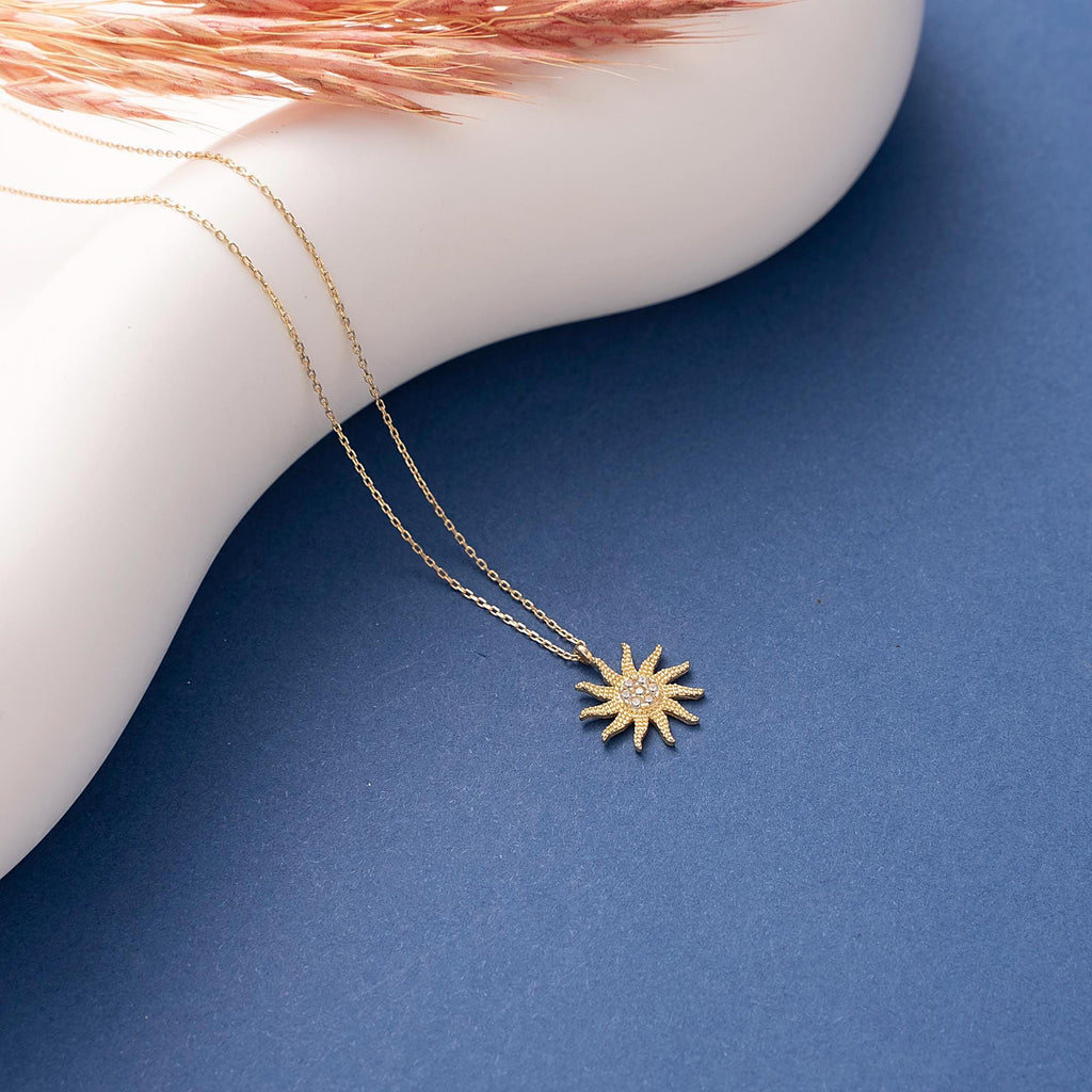 Dainty 14K Real Gold Sun Necklace, 10K Minimalist Celestial Pendant
