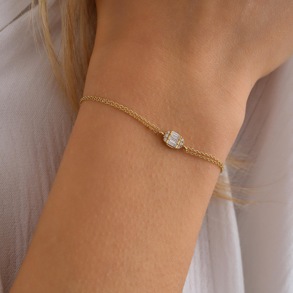 14K Solid Gold Dainty Baguette Bracelet, Minimalist 10K Love Bracelet, Anniversary Gift