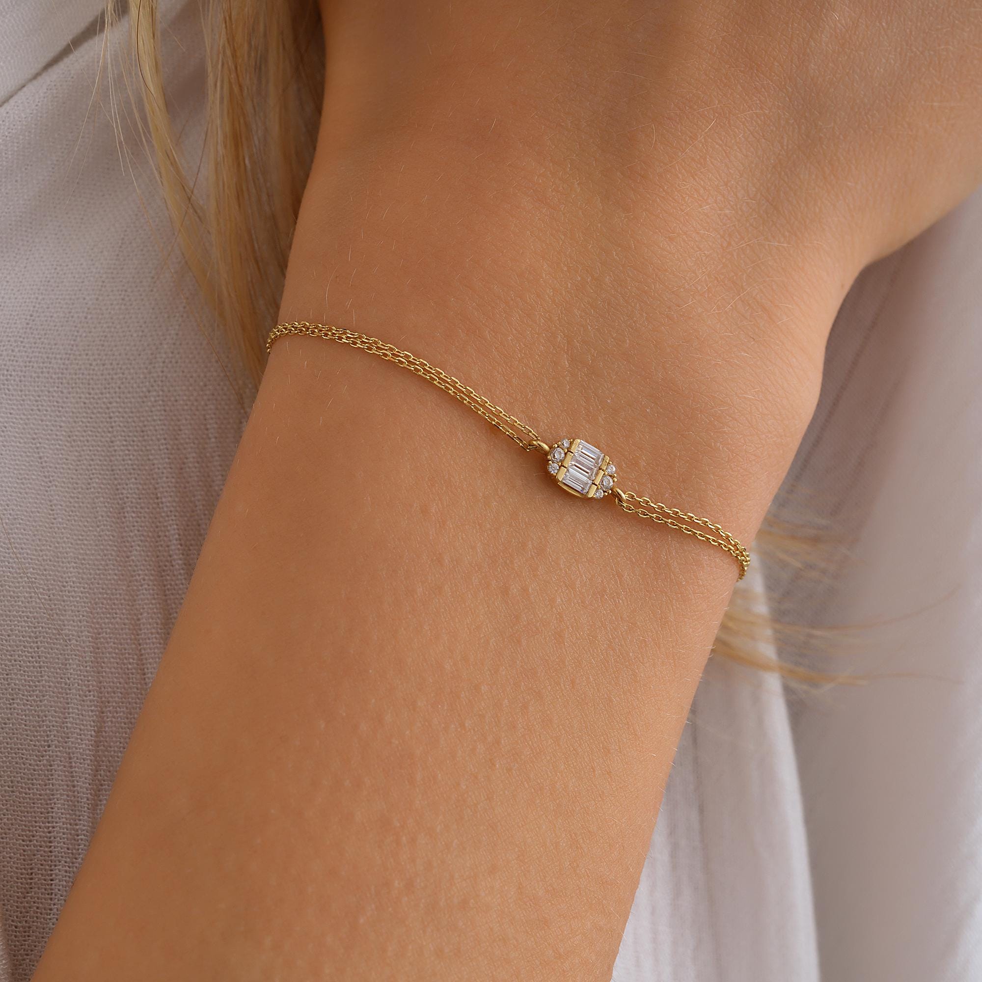 14K Solid Gold Dainty Baguette Bracelet, Minimalist 10K Love Bracelet, Anniversary Gift