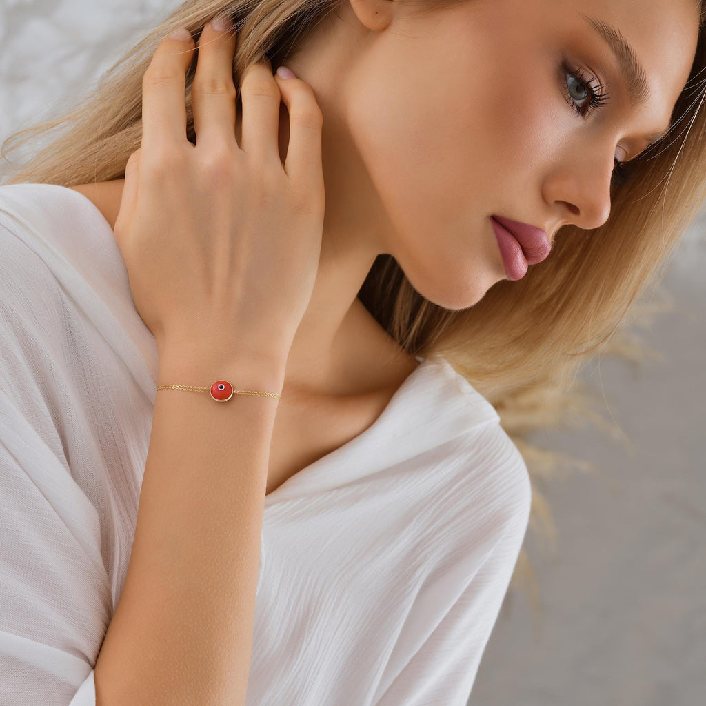 Evil Eye Bracelet, Minimalist Eye Bracelet, 14K Real Gold Round Eye Bracelet, Dainty initial Evil Eye Bracelet, Red Bracelet, Summer Jewelry