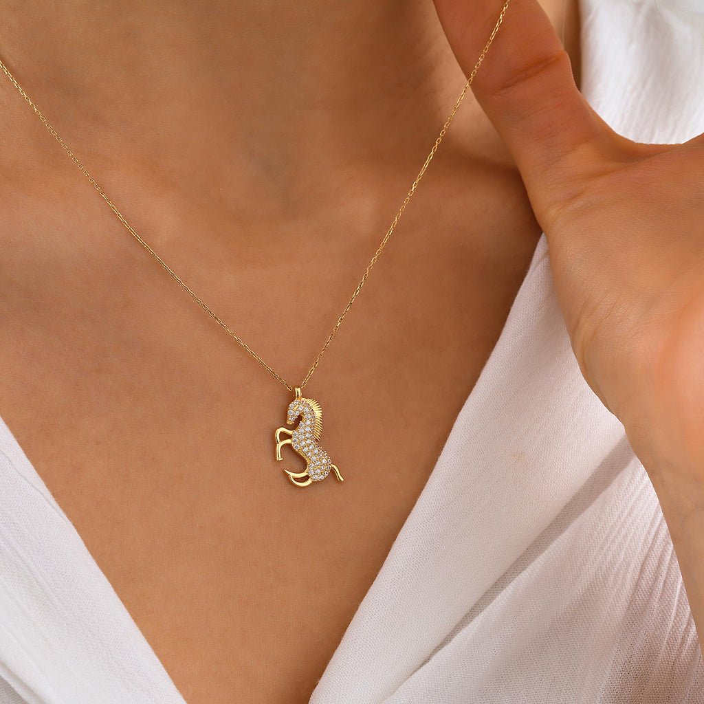 14K Gold Horse Necklace, Dainty initial Animal Pendant, 14K Solid Gold Horse Necklace, 14K Gold Prancing Horse Pendant, Summer Jewelry