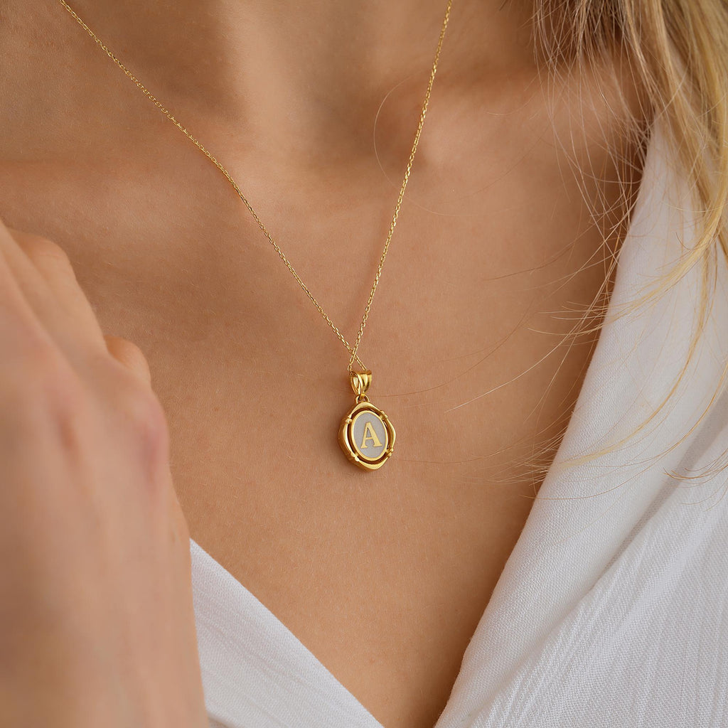 Personalized Pendant, 14K Solid Gold Letter Necklace, Handmade Vintage Pendant, Dainty initial Letter Necklace, White Emaye Pendant