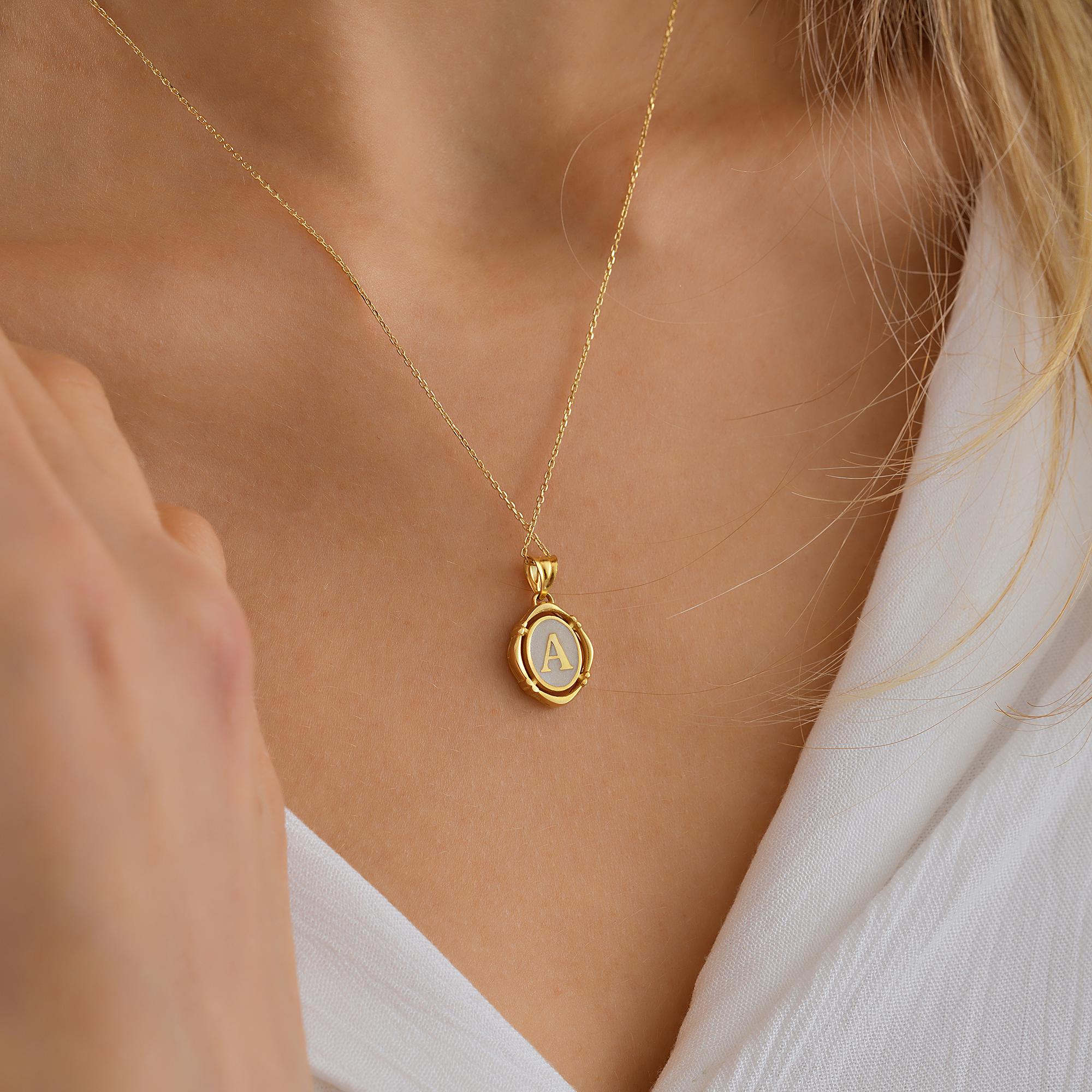Personalized Pendant, 14K Solid Gold Letter Necklace, Handmade Vintage Pendant, Dainty initial Letter Necklace, White Emaye Pendant