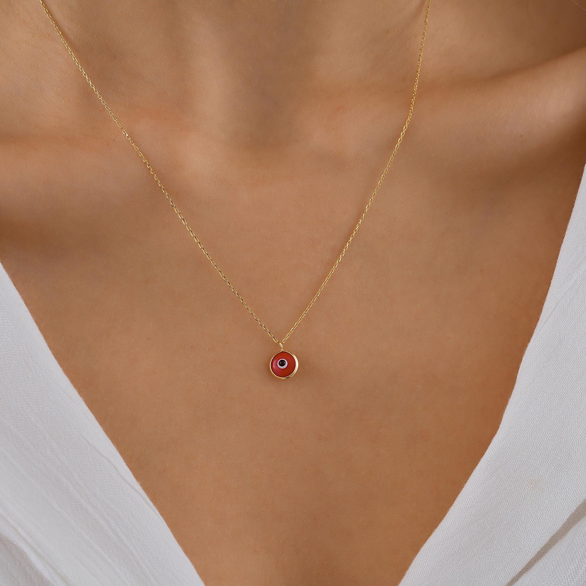 14K Gold Eye Necklace, Tiny Evil Eye Pendant, 14K Real Gold Eye Necklace, Evil Eye Necklace, Dainty initial Eye Pendant, Summer Jewelry