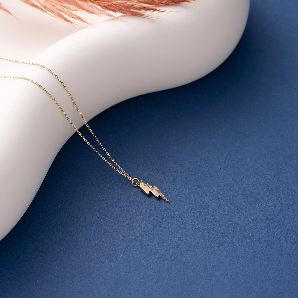 14K Solid Gold Lightning Bolt Necklace, 10K Handmade Celestial Pendant