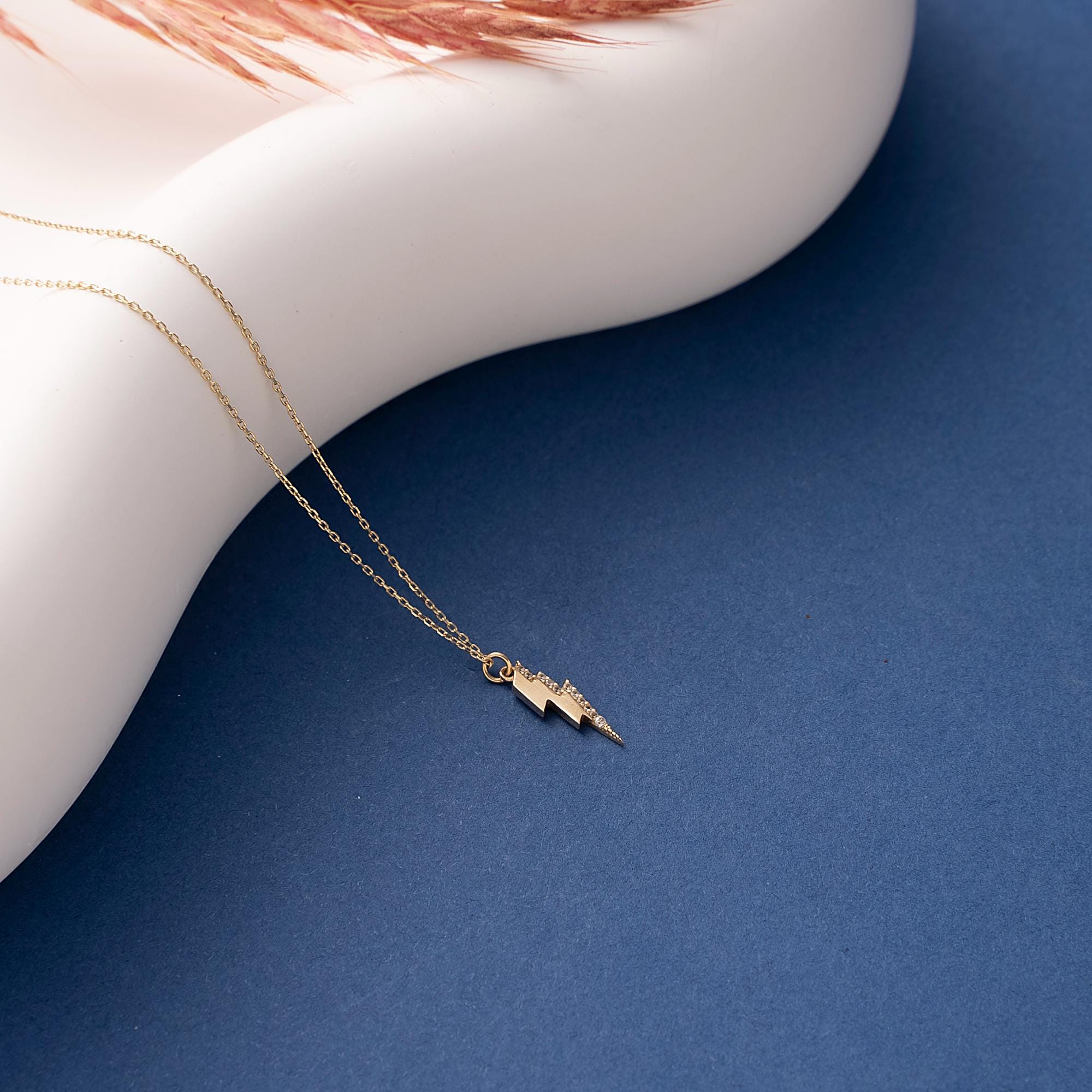 14K Solid Gold Lightning Bolt Necklace, 10K Handmade Celestial Pendant