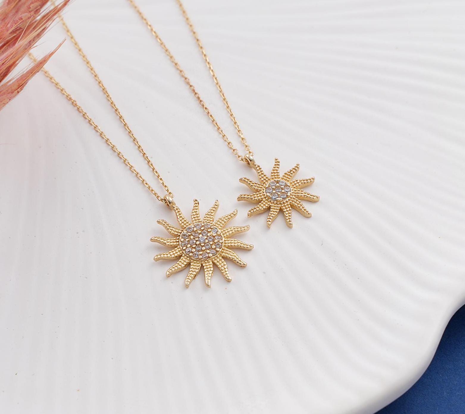 14K Solid Gold Sun Necklace, Dainty Celestial Pendant