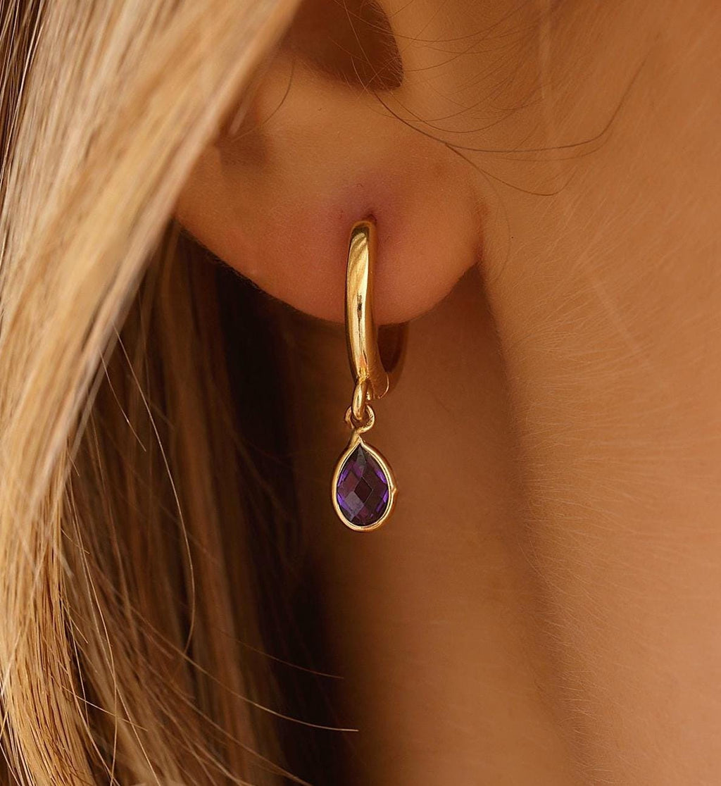Dainty 14K Real Gold Amethyst Drop Earrings, 10K Minimalist Hoops Jewelry, Birthday Gift