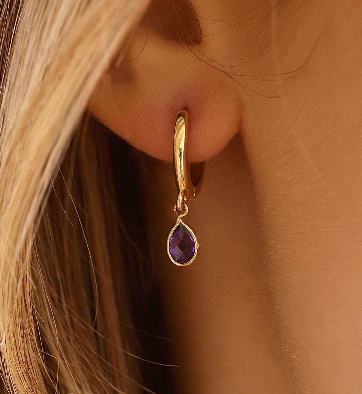 Dainty 14K Real Gold Amethyst Drop Earrings, 10K Minimalist Hoops Jewelry, Birthday Gift