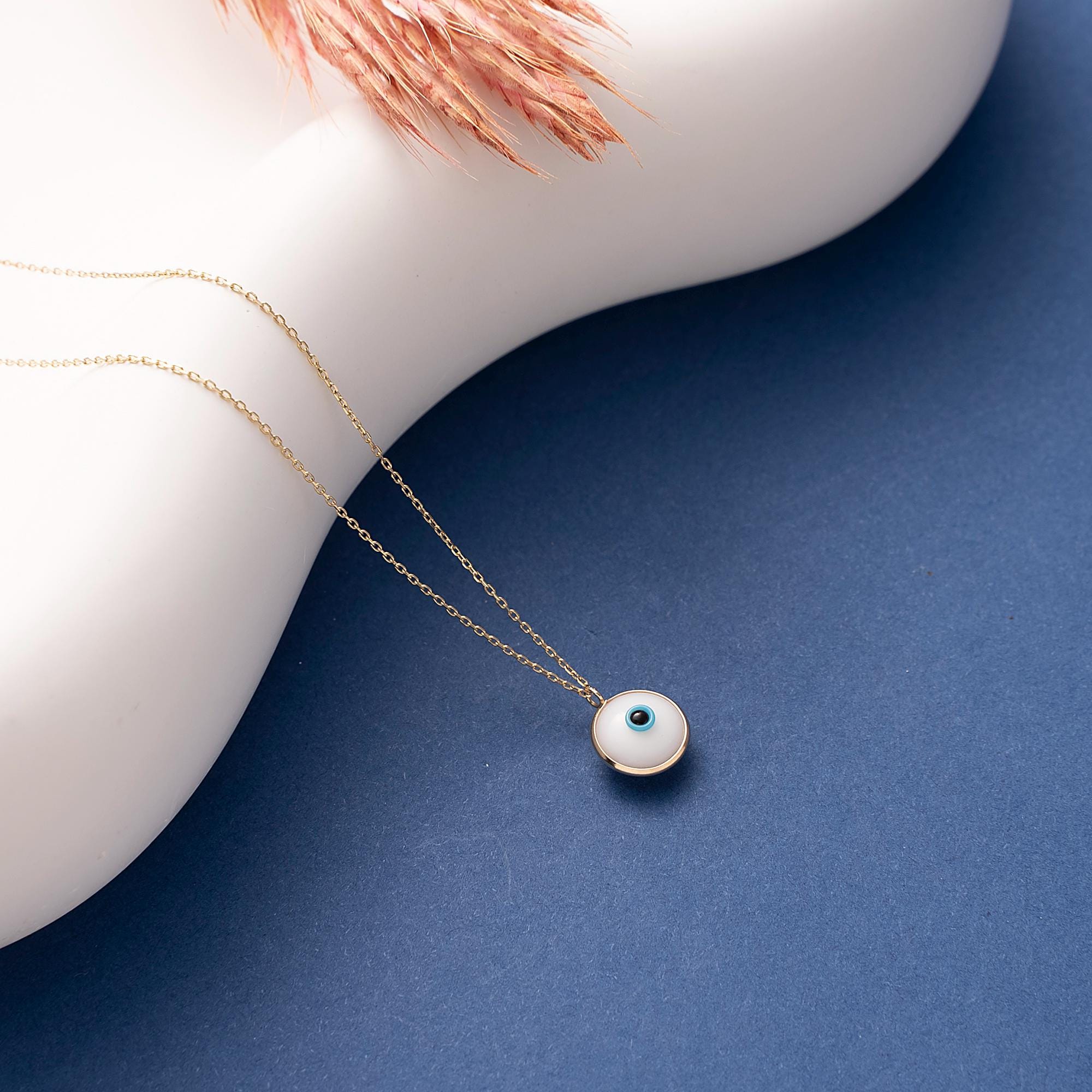 14K Gold Eye Necklace, Tiny Evil Eye Pendant, 14K Real Gold Eye Necklace, Dainty initial Eye Pendant, Summer Jewelry