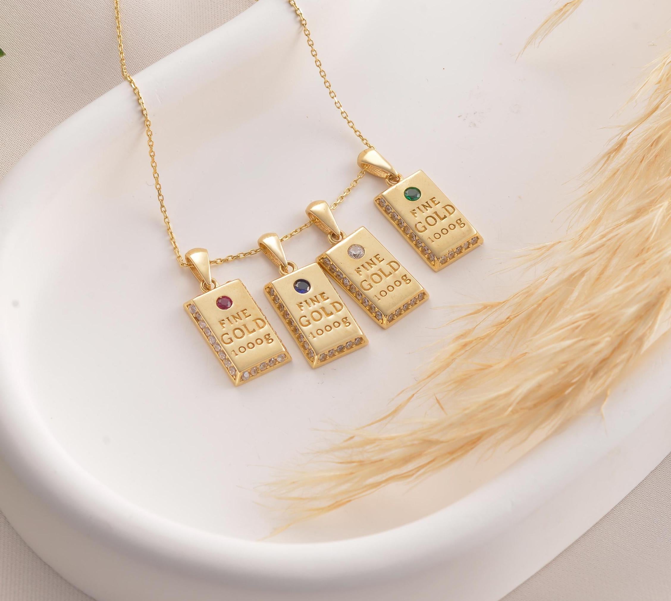 10K 14K Solid Gold Bullion Necklace, Dainty initial 995 Gold Charm Jewelry, Minimalist Sparkly Pure Gold Pendant