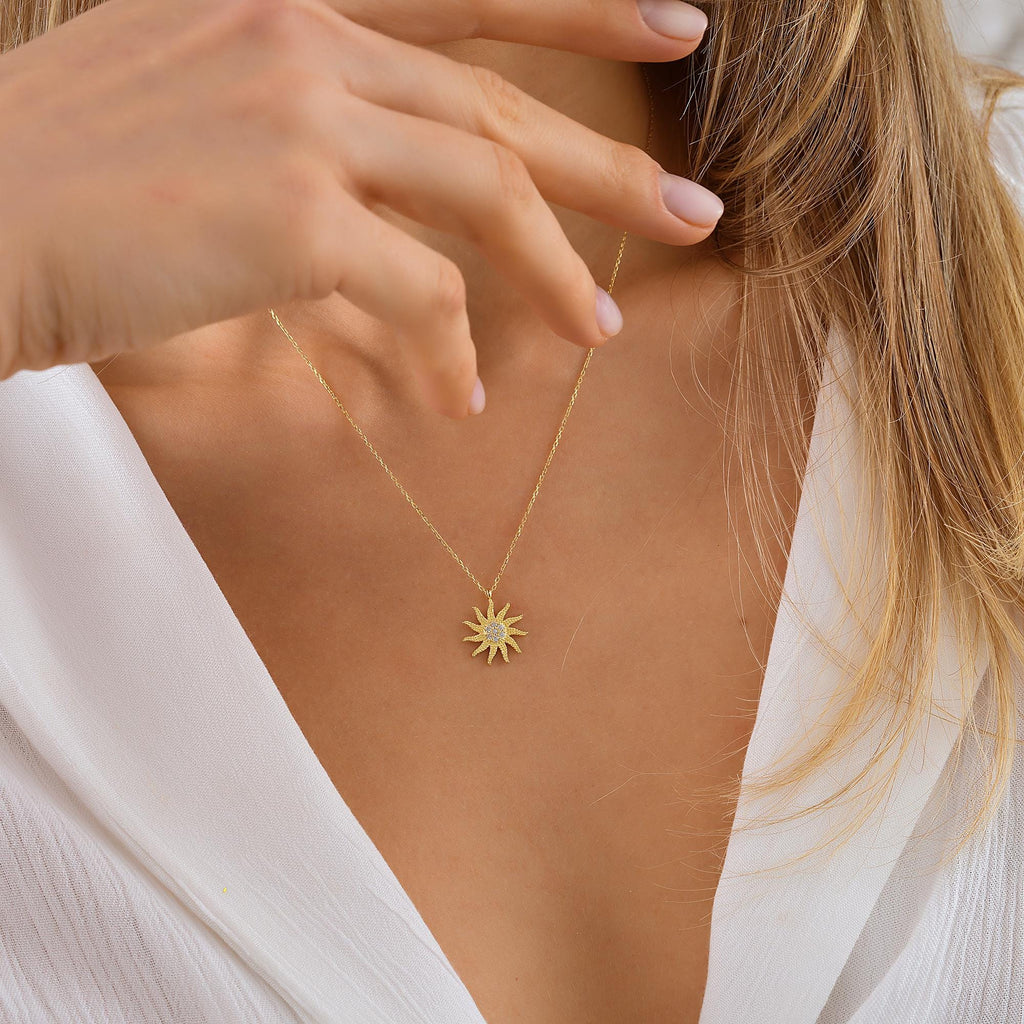 14K Solid Gold Sun Necklace, Dainty Celestial Pendant